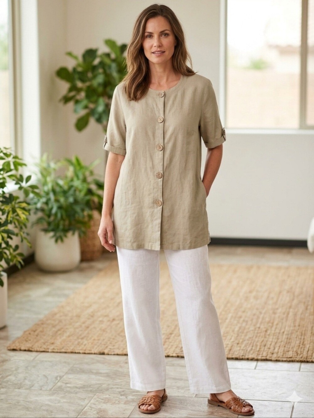 Vintage 90's August Max Woman Linen Blend Tunic Beige Wood Buttons Minimalist
